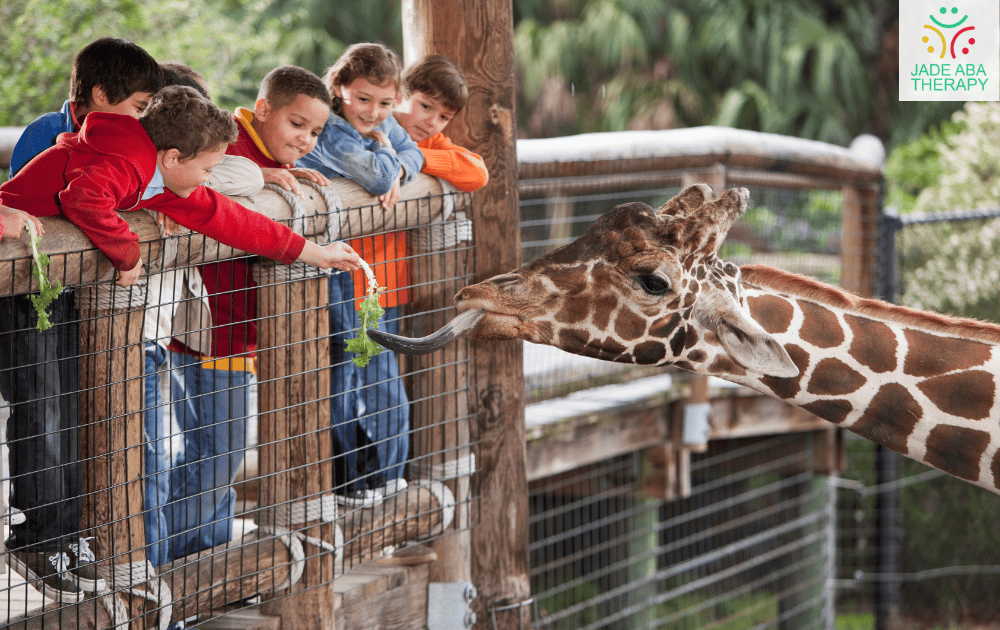 kids feeding a giraffe at the zoo