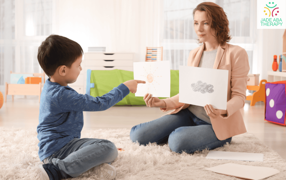 A lady showing pictures to boy